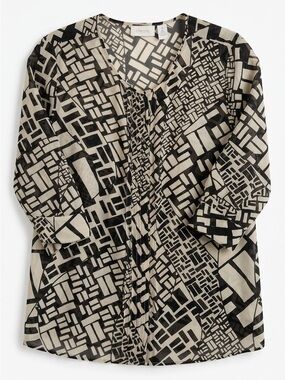 Chico's Black & Cream Geometric Abstract Print Sheer Blouse - Size 2 (L)